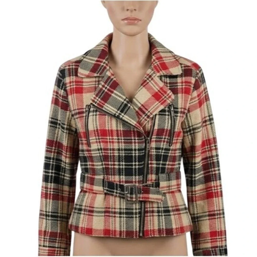 Cato Plaid Moto Jacket Belted Zip‎ Biker Chic Red Black Womens Size Large